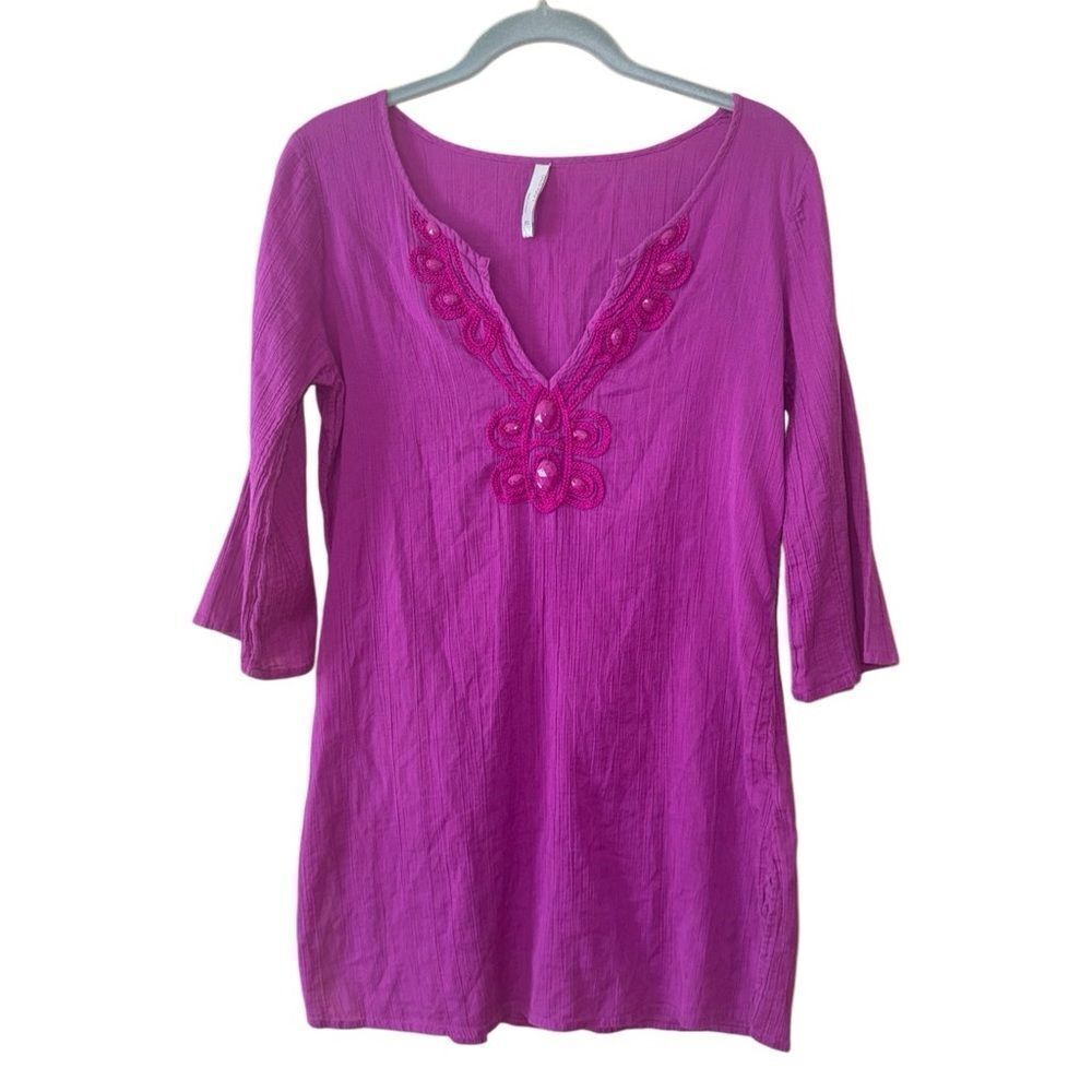 Old Navy Women's Punk Fushia V Neck Braided BeadedTunic Top Size XS Relaxed Fit